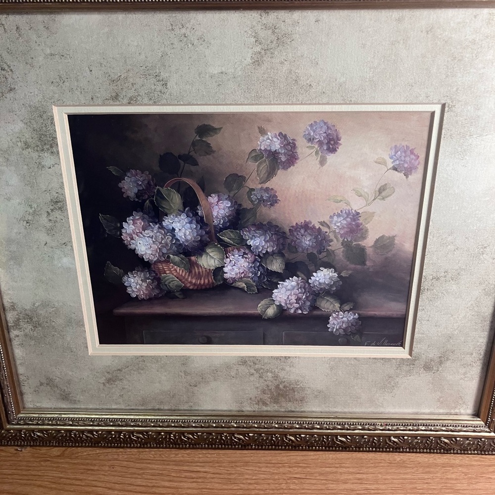 Framed Floral Artwork 15x13 Fabrice de Villanueve Hydrangeas in violet - Picture 13 of 14
